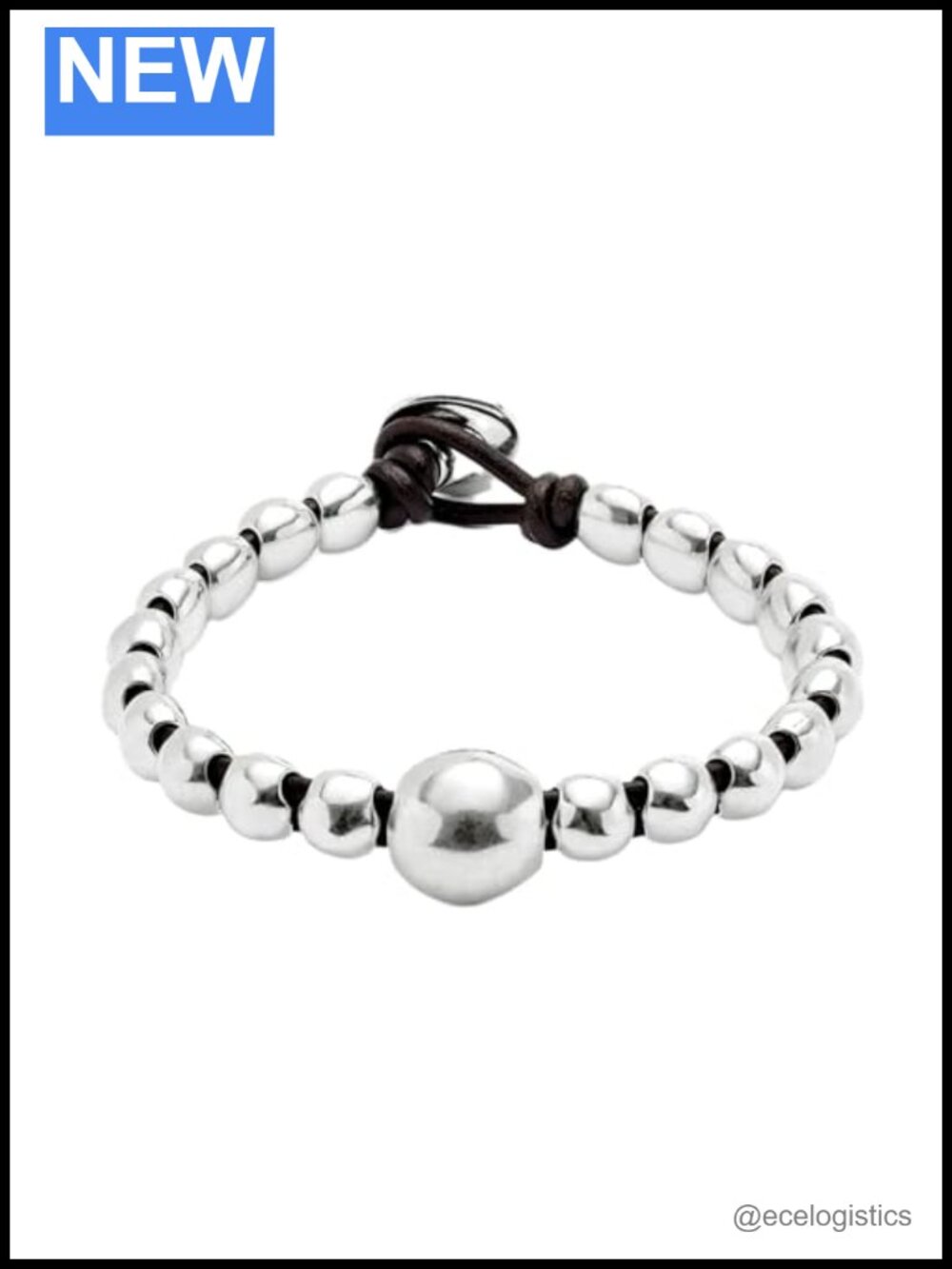 Sterling Silver-Plated Beaded Bracelet with Leather Closure
